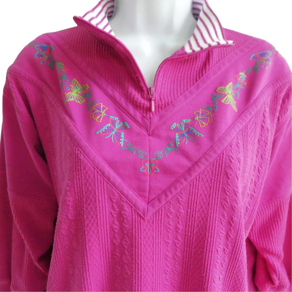 Vintage 70s Mixed Media Sweatshirt Sweater Quarter Zip Butterflies Mock Neck M - Picture 1 of 8